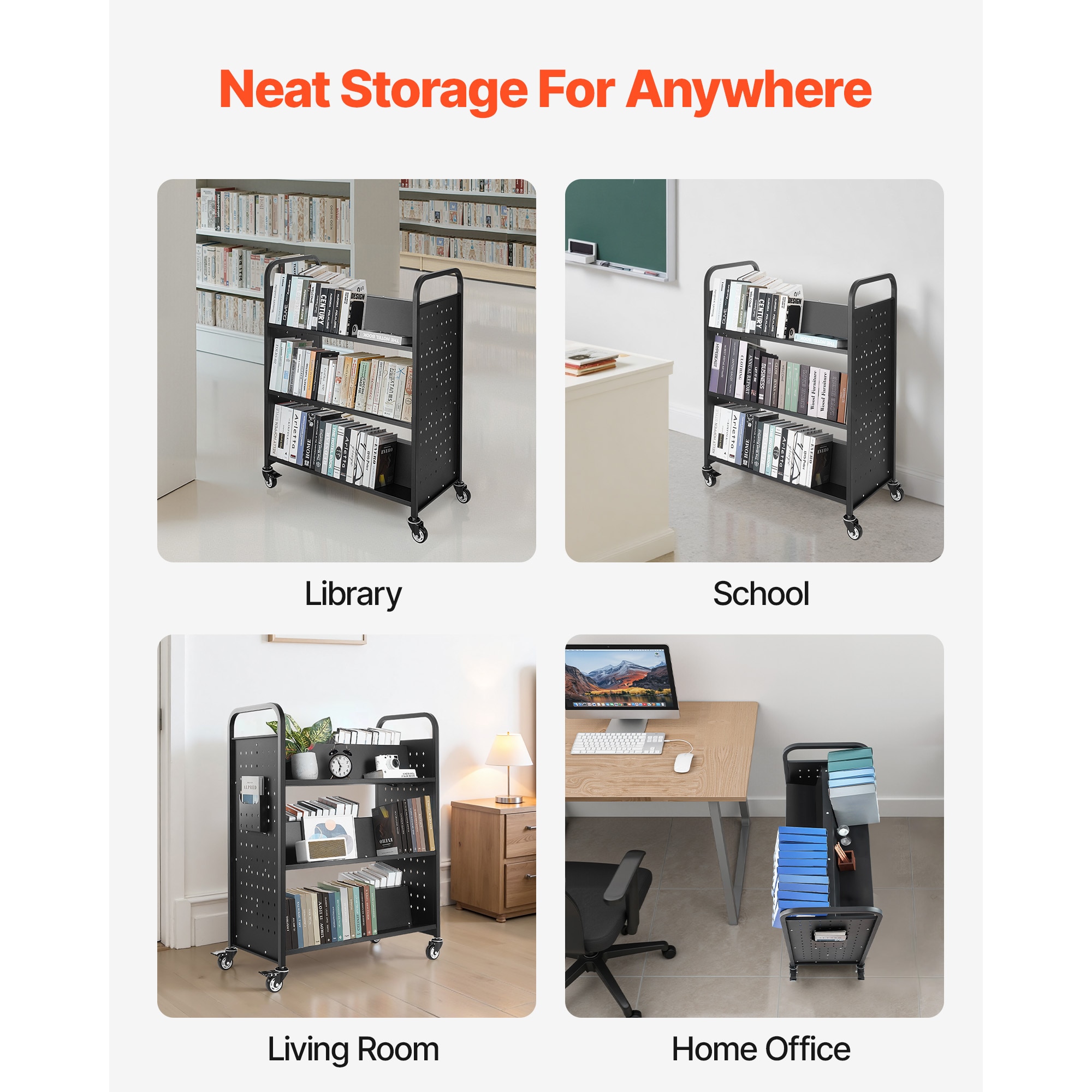 3-tier Rolling Book Cart Double Sided W-shaped Shelving Unit Black_voghion.com